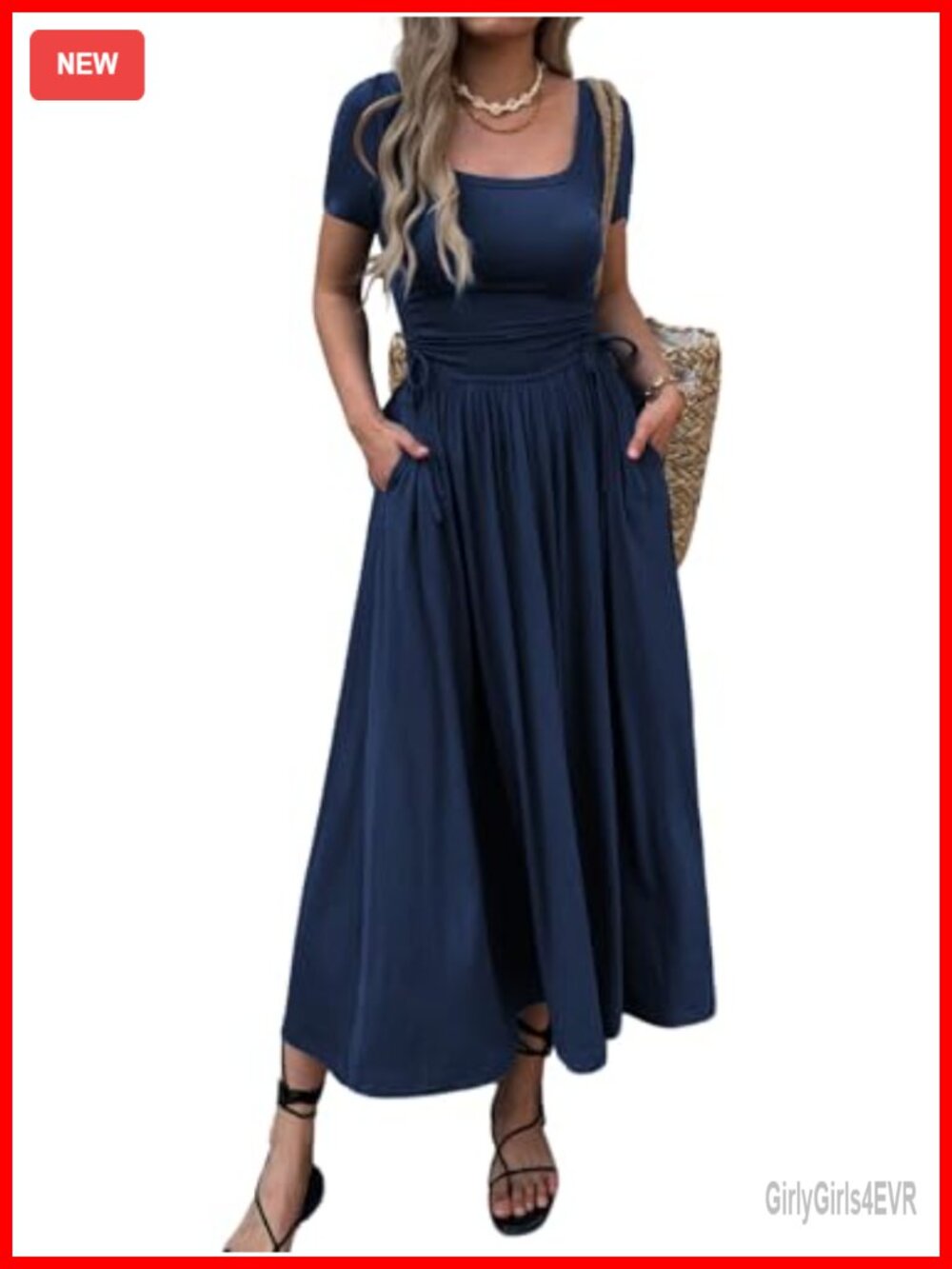 Women's Short Sleeve Maxi Dress Bodycon Adjustable Waist Flowy Hem with Pockets